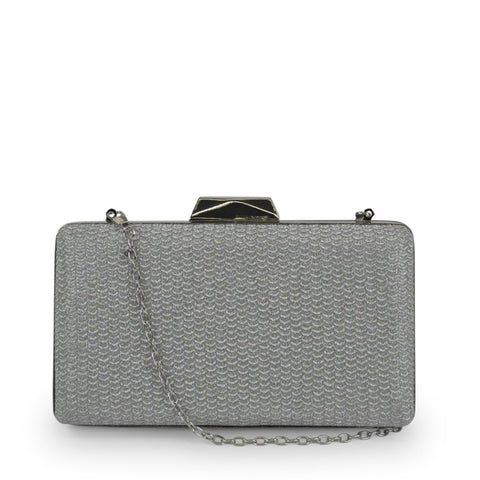 1. Nabo Evening Bag NK 2239 in silver with metal frame and chain strap, front view