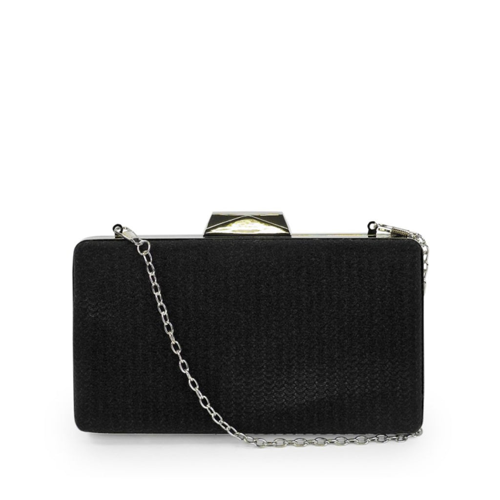 1. Nabo Evening Bag NK 2239 in black with silver chain strap, front view in studio setting