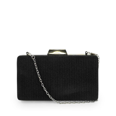 1. Nabo Evening Bag NK 2239 in black with silver chain strap, front view in studio setting