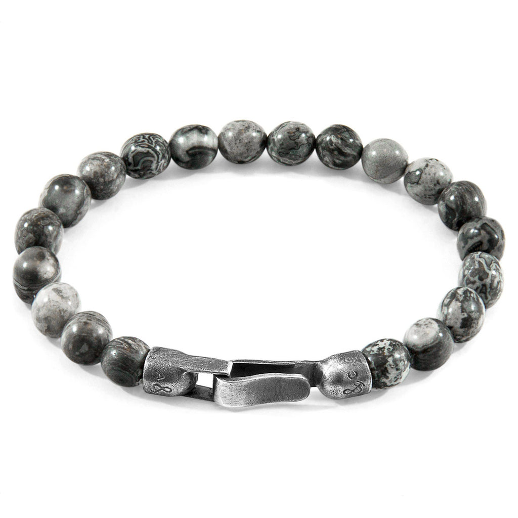 2. Studio image of Nachi Silver and Stone Beaded Bracelet with grey jasper beads and sterling silver clasp by ANCHOR & CREW