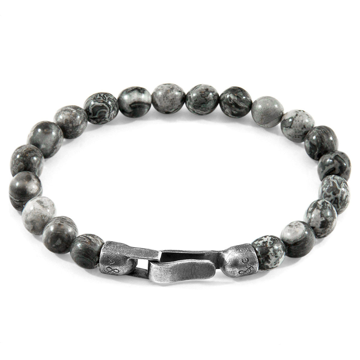 2. Studio image of Nachi Silver and Stone Beaded Bracelet with grey jasper beads and sterling silver clasp by ANCHOR & CREW