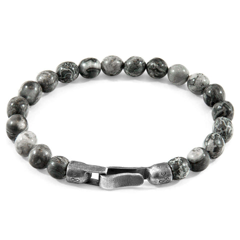 2. Studio image of Nachi Silver and Stone Beaded Bracelet with grey jasper beads and sterling silver clasp by ANCHOR & CREW