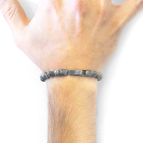 1. Men's Nachi Silver and Stone Beaded Bracelet in grey jasper worn on wrist, showcasing .925 sterling silver clasp