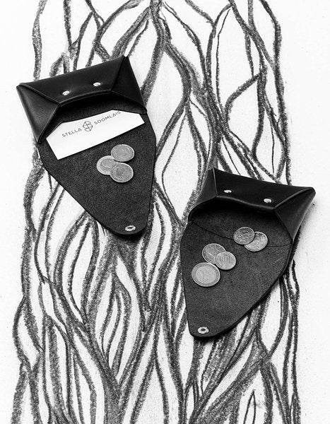 2. Two black leather coin pouches open with coins and Stella Soomlais card on artistic background