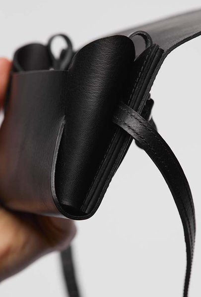 16. Close-up of black leather Stella Soomlais Capital of Plenty clutch-wallet showing strap attachment