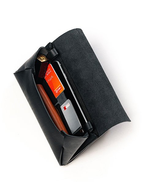 7. Open black leather Stella Soomlais Capital of Plenty clutch-wallet showing interior card slots