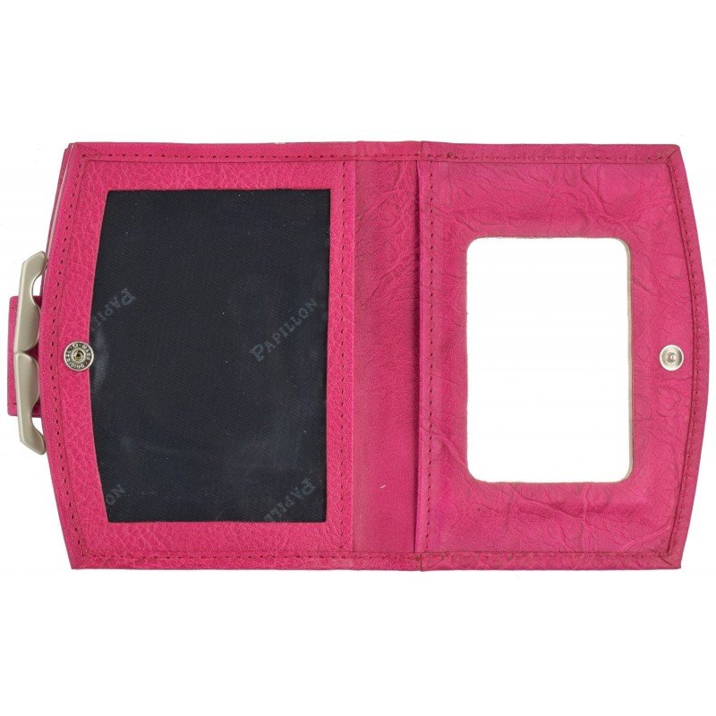 7. Interior view of Papillon women's pink leather wallet, showing mirror and clear plastic pocket