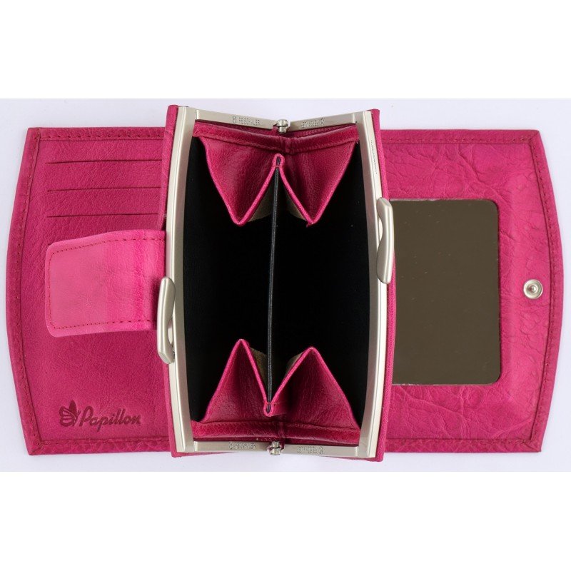 6. Close-up of Papillon women's pink leather wallet with open coin pocket and mirror, highlighting brand logo
