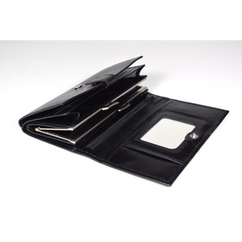 7. Black leather Papillon wallet with mirror, card slots, and coin pocket, shown open in studio