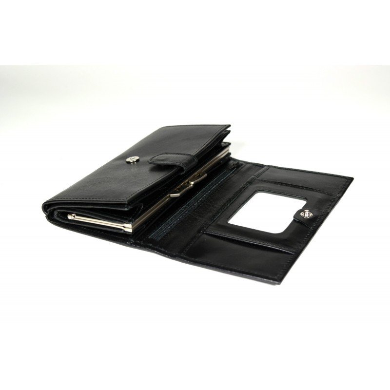 2. Black leather Papillon wallet with mirror and card slots, shown open in studio setting
