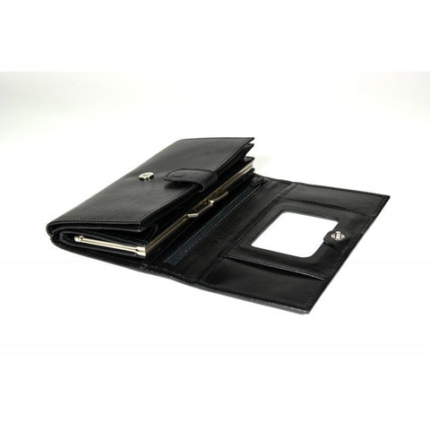 2. Black leather Papillon wallet with mirror and card slots, shown open in studio setting