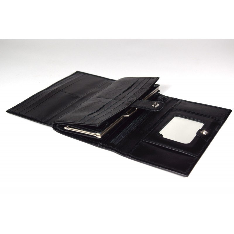 6. Black leather Papillon wallet with mirror and multiple compartments, shown open in studio