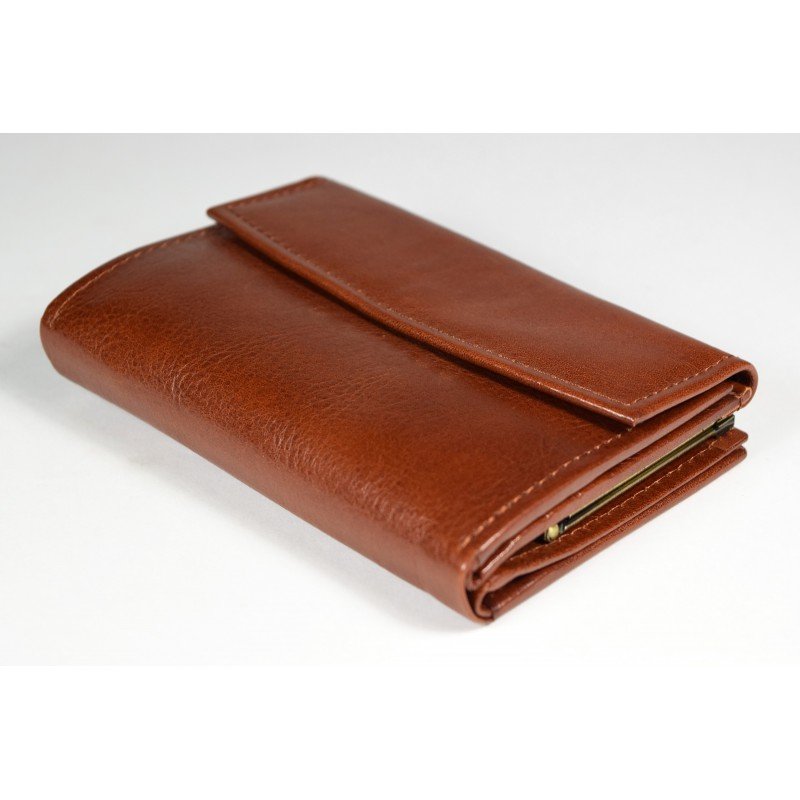 12. Studio image of brown Papillon women's leather wallet, highlighting sleek exterior and craftsmanship