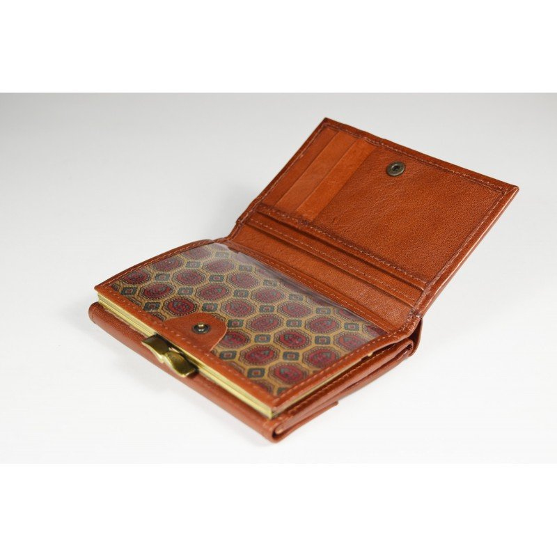 9. Open view of brown Papillon women's leather wallet, showing interior compartments and coin pocket