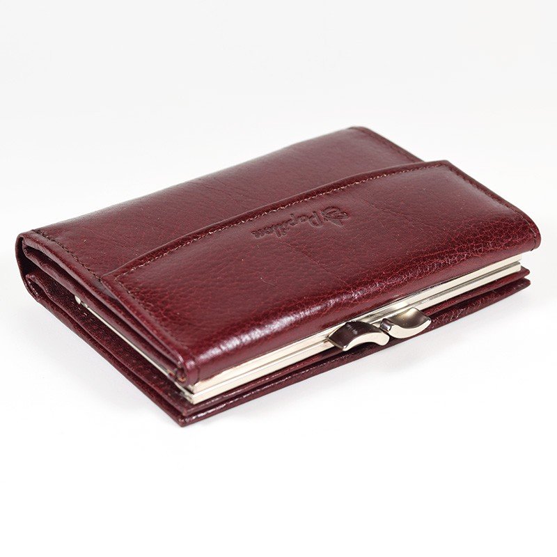7. Studio shot of burgundy Papillon women's leather wallet, emphasizing quality leather and craftsmanship