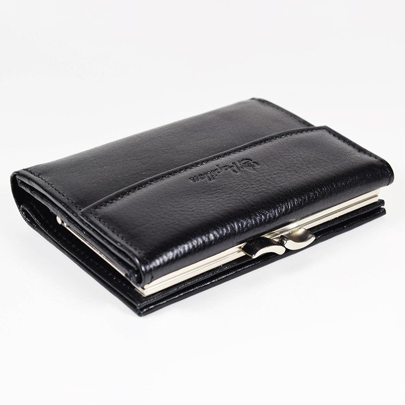 5. Studio shot of black Papillon women's leather wallet, highlighting sleek design and snap closure