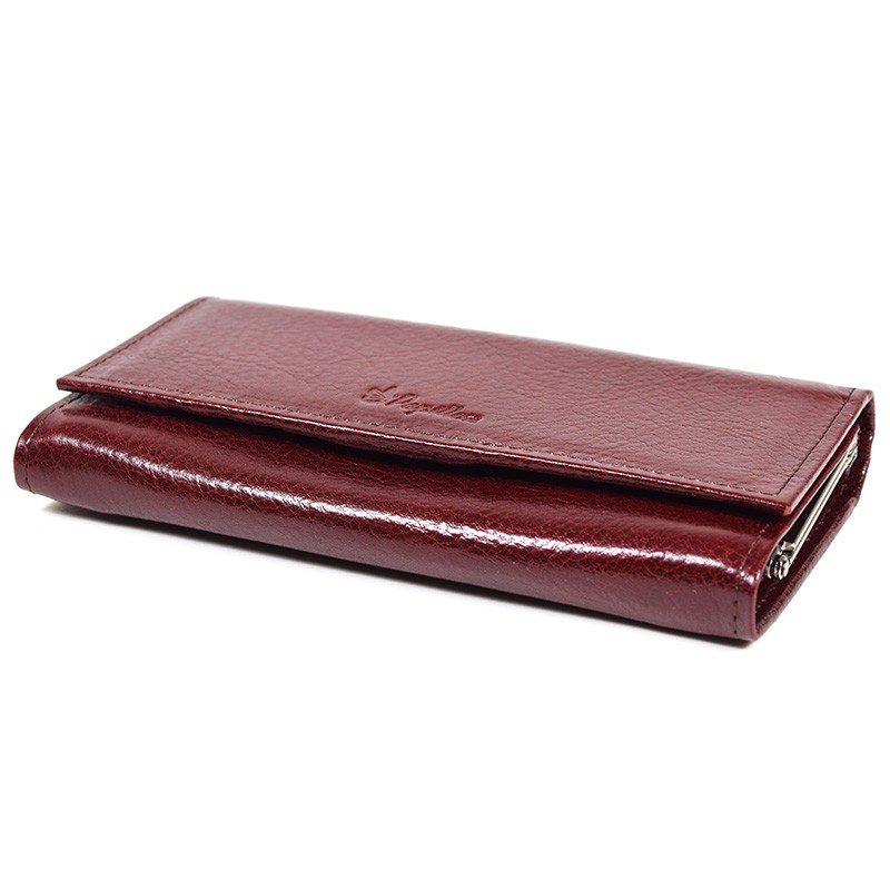 2. Women's burgundy leather wallet by Papillon, displayed closed in studio