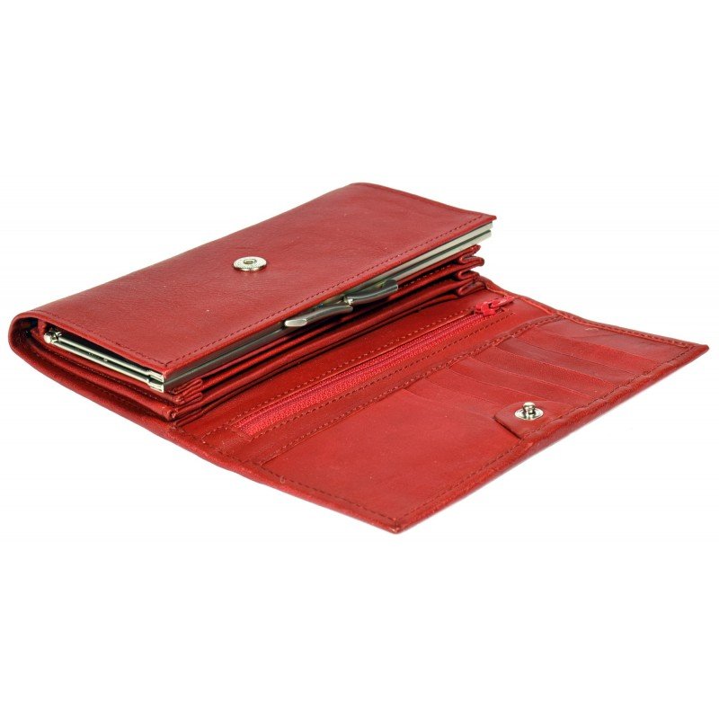 6. Women's red leather wallet by Papillon, open to show interior design and compartments