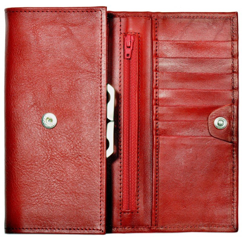 5. Open view of women's red leather wallet by Papillon, highlighting card slots and zip pocket
