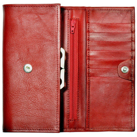 5. Open view of women's red leather wallet by Papillon, highlighting card slots and zip pocket