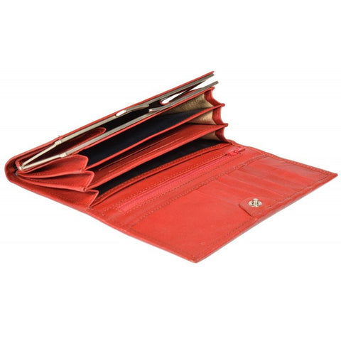 4. Interior view of women's red leather wallet by Papillon, showing compartments and card slots