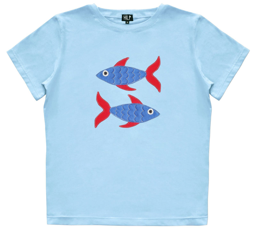 3. Women's Pisces T-shirt in light blue with fish design, studio shot