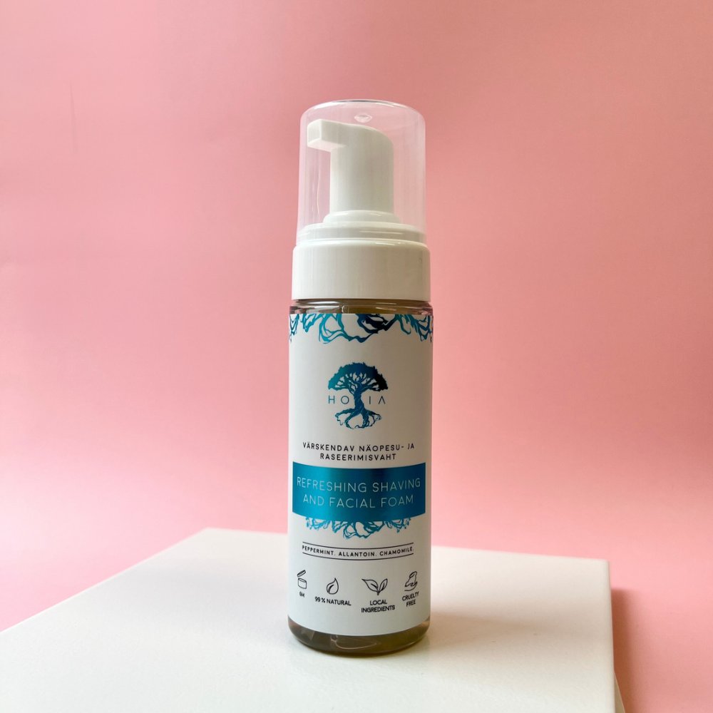 5. HOIA homespa refreshing shaving and facial foam on pink pedestal, showcasing organic skincare