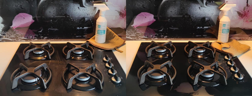 4. GoGoNano Anti-Viral cleaner bottle on kitchen countertop next to stove with cleaning cloth