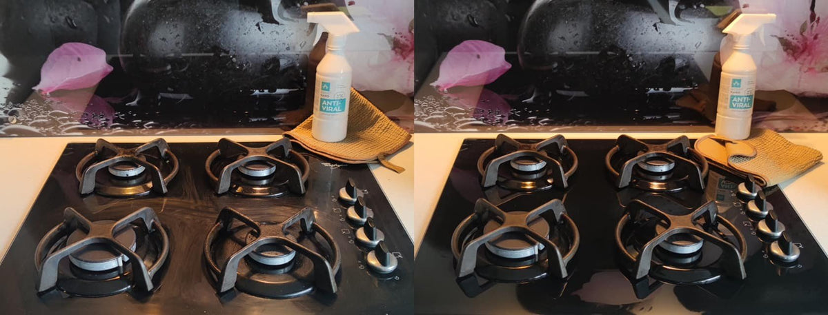 4. GoGoNano Anti-Viral cleaner bottle on kitchen countertop next to stove with cleaning cloth