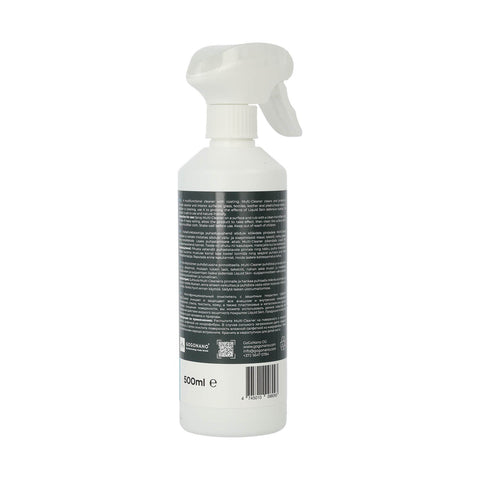 2. Back view of GoGoNano Multi-Cleaner bottle showing detailed product information and barcode, 500ml size, eco-friendly and streak-free formula.