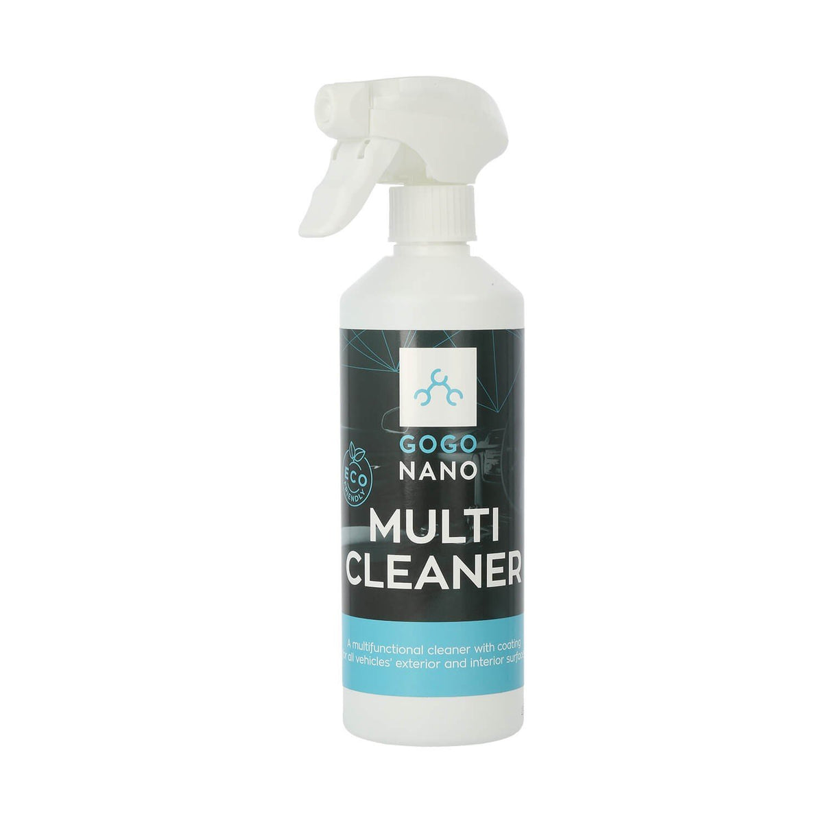 1. Front view of GoGoNano Multi-Cleaner bottle with spray nozzle, featuring black and blue label, 500ml size, eco-friendly and streak-free formula for glass and car interiors.