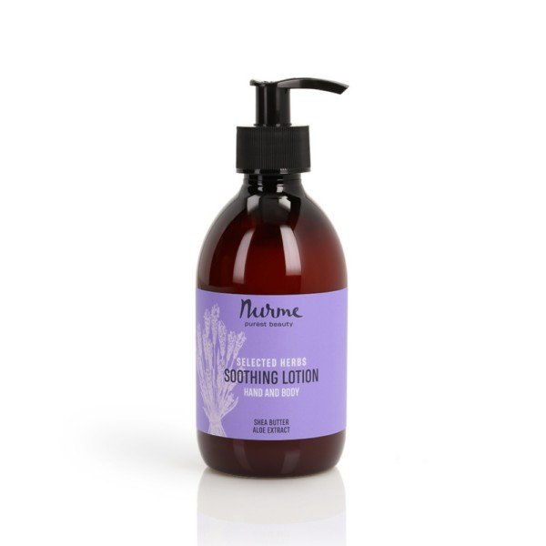8. Nurme soothing hand and body lotion bottle with shea butter and aloe extract on white background
