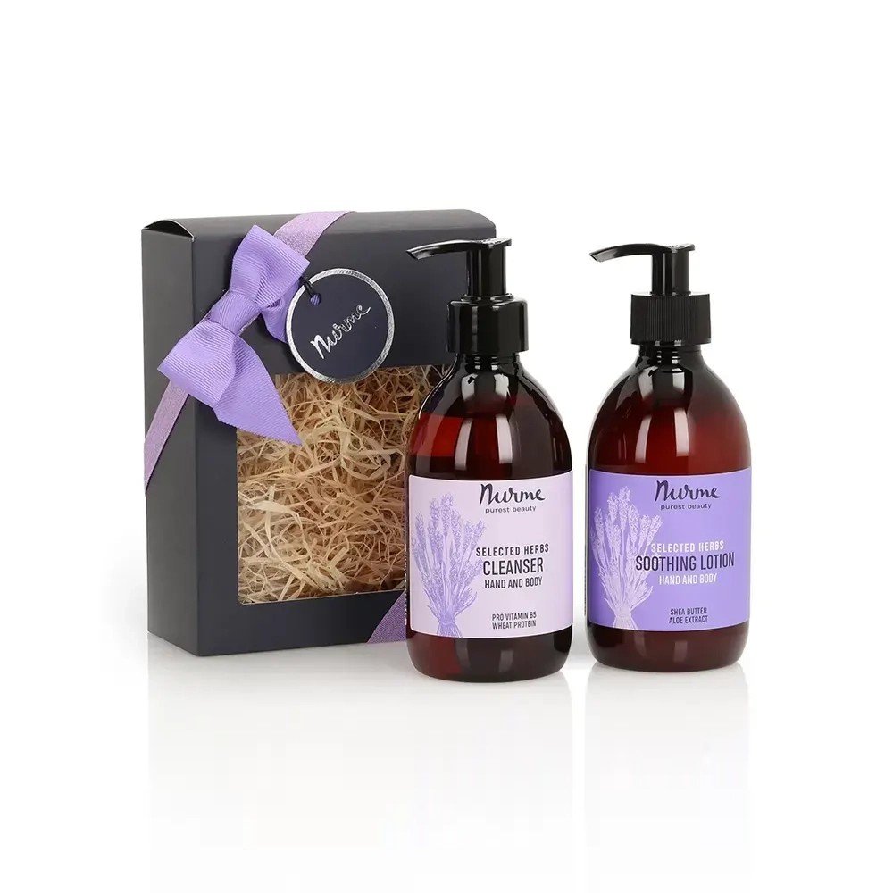 2. Nurme lavender gift set with hand and body wash and lotion in black box with purple ribbon