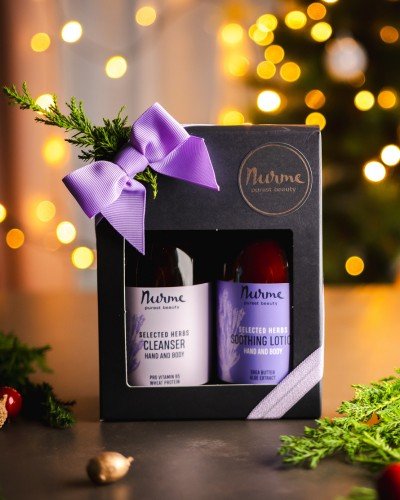 3. Nurme lavender gift set in festive setting with Christmas lights and purple ribbon