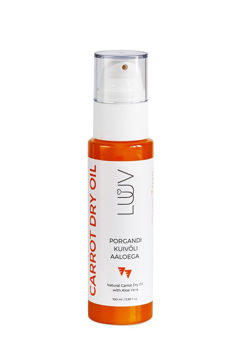 4. Studio shot of LUUV Carrot Dry Oil bottle with clear pump, showing label and branding