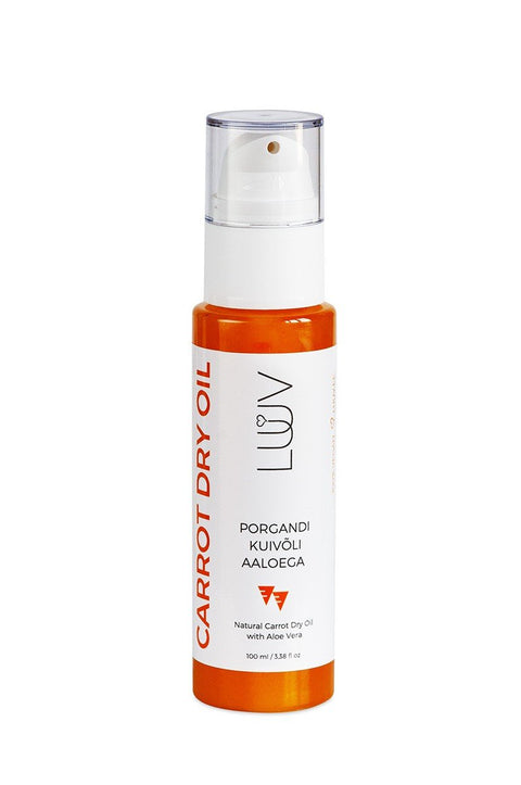 4. Studio shot of LUUV Carrot Dry Oil bottle with clear pump, showing label and branding