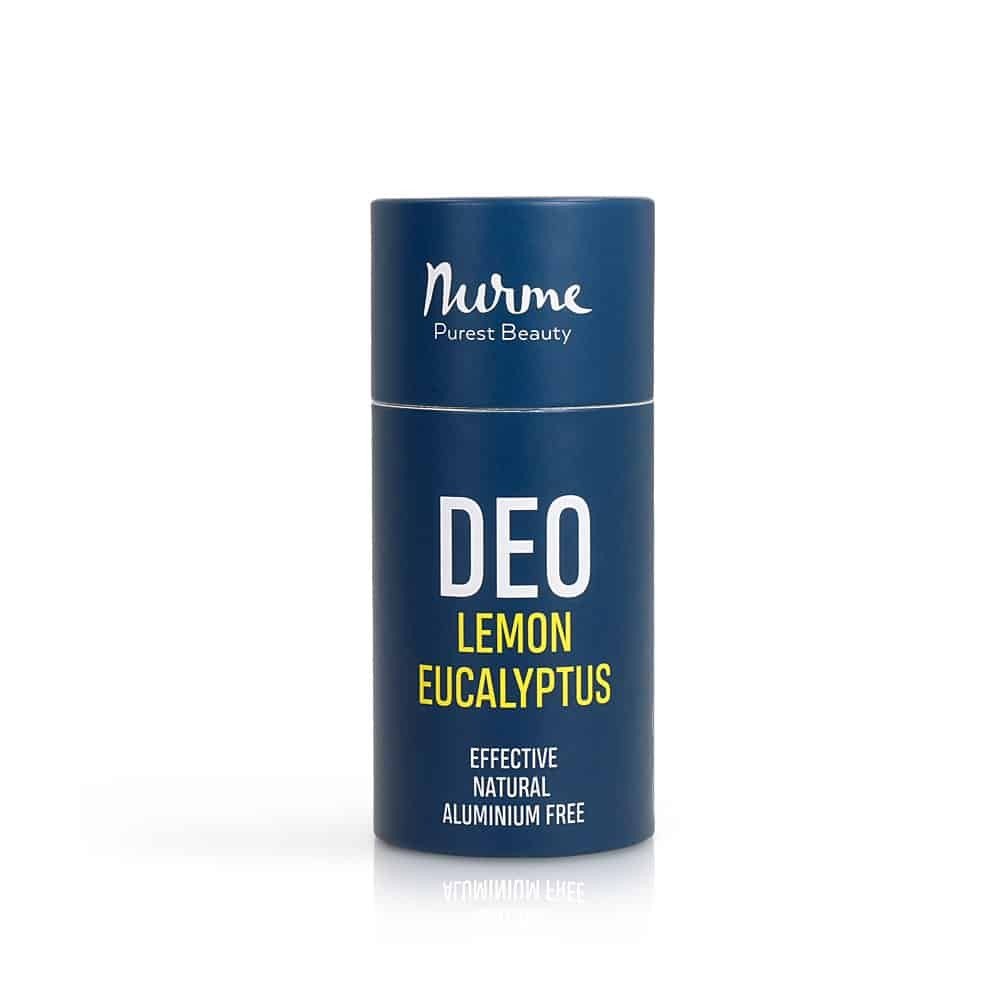 6. Studio shot of Nurme lemon eucalyptus deodorant with blue packaging on a white background