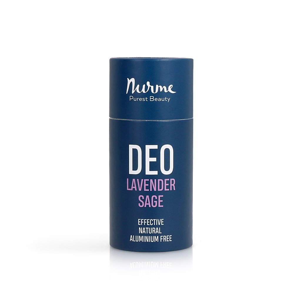 2. Nurme Lavender Sage natural deodorant in blue cardboard packaging with white and purple text on a white background