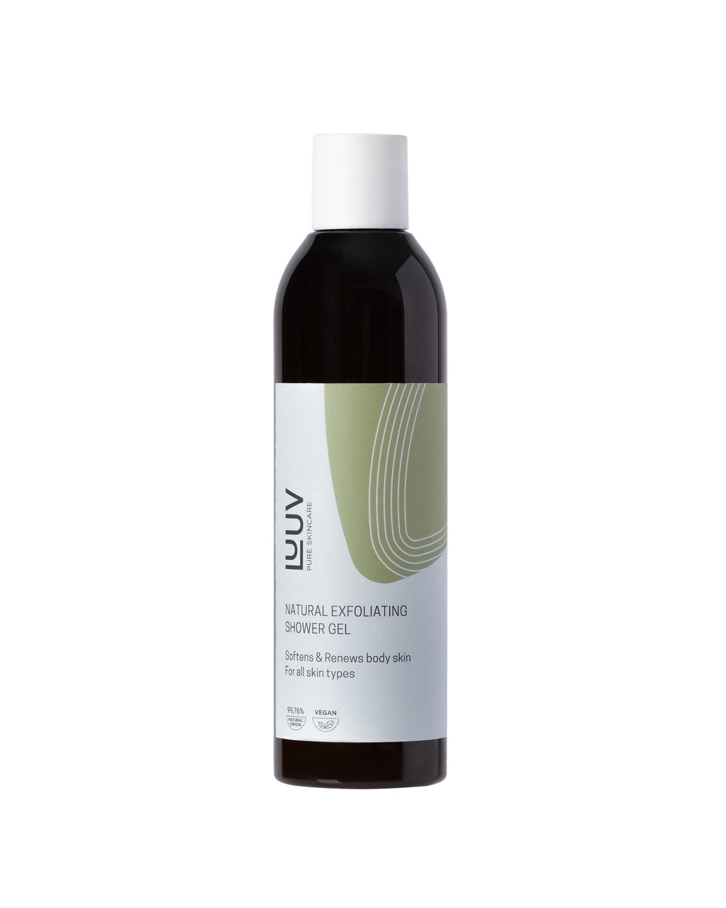 2. LUUV Natural Exfoliating Shower Gel bottle with green and white label on plain white background, showcasing product design