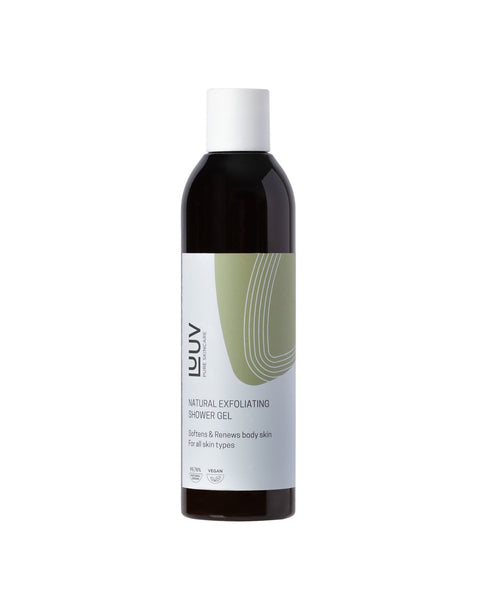 2. LUUV Natural Exfoliating Shower Gel bottle with green and white label on plain white background, showcasing product design