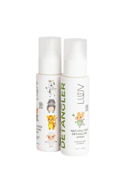 2. Two bottles of LUUV Natural Kid's Detangler Spray with animal illustrations on white background