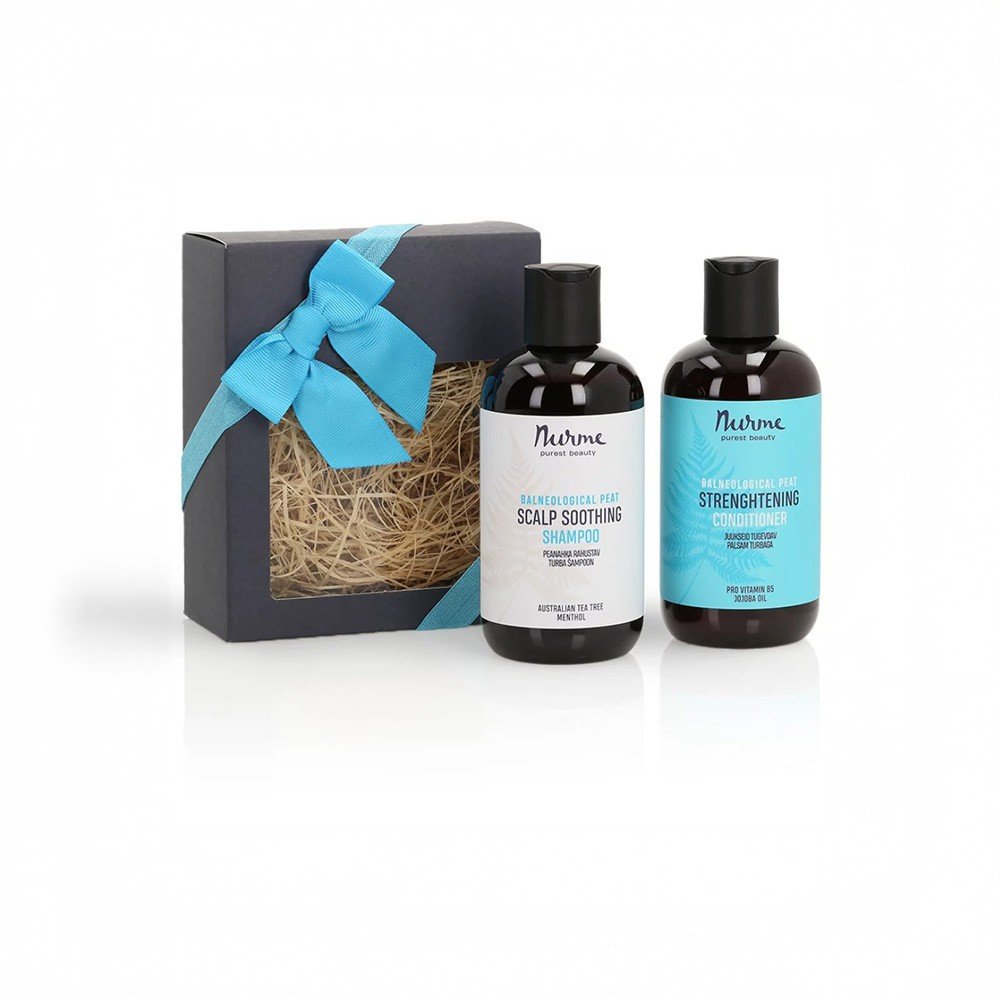 1. Nurme hair care gift set with scalp soothing shampoo and strengthening conditioner in black bottles, presented in a black box with a blue ribbon on a white background