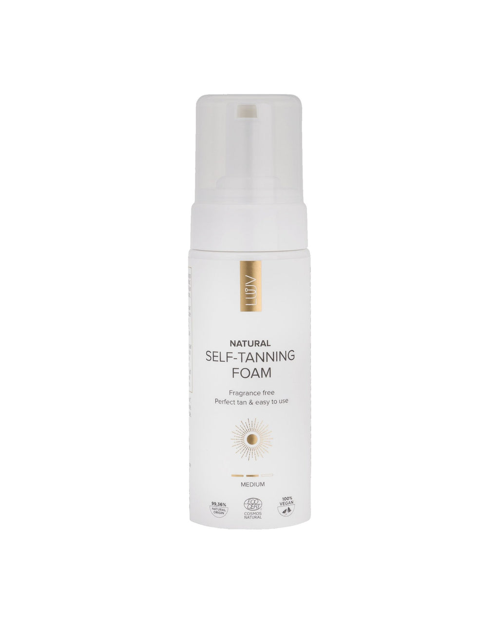 3. Studio image of LUUV Natural Self Tanning Foam bottle, showing product details and branding