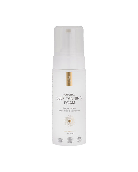 3. Studio image of LUUV Natural Self Tanning Foam bottle, showing product details and branding