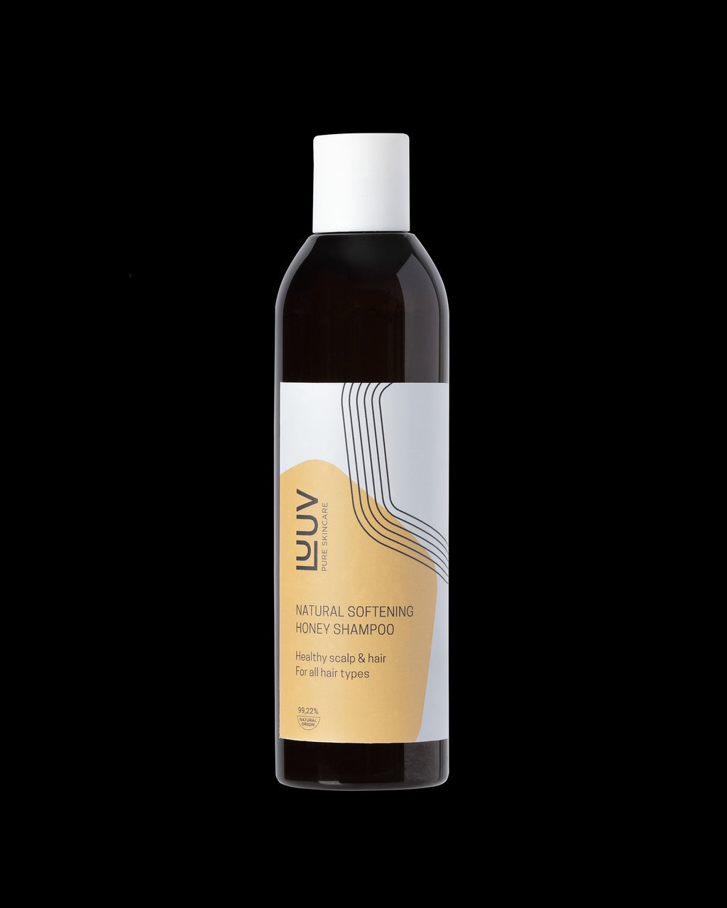 2. Studio image of LUUV Natural Softening Honey Shampoo, 250 ml, with product label visible