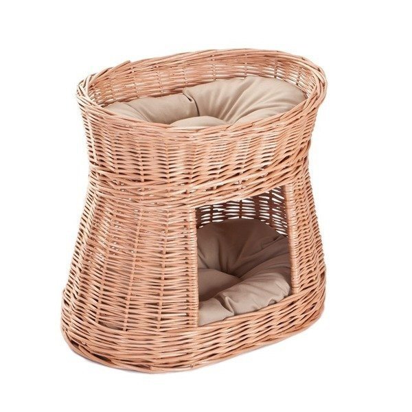 2. Angled view of two-level wicker cat house with beige cushions on top and bottom