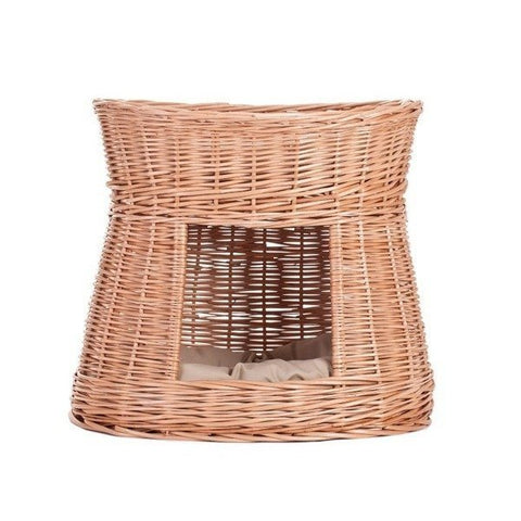 1. Front view of natural wicker cat house with visible entrance and beige cushion inside