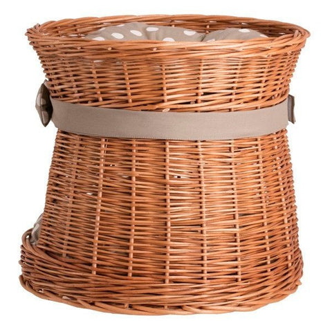 3. Side view of wicker cat house showing polka dot cushion on top level, with a decorative bow on the side.