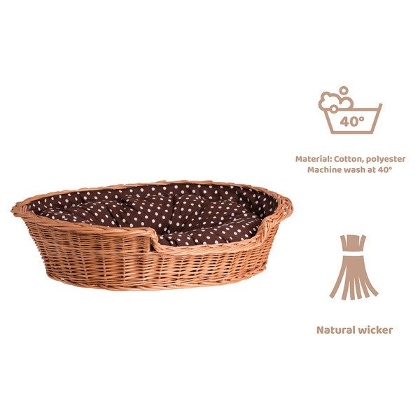 5. Wicker dog bed with washing instructions and material details, suitable for machine wash at 40°C