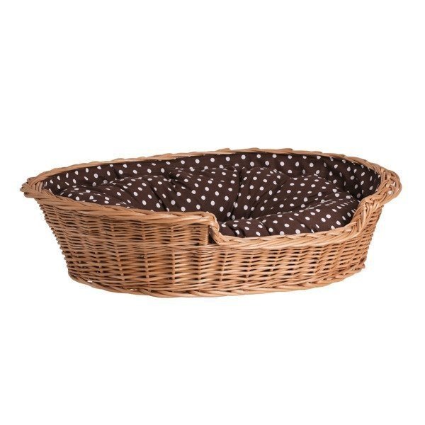 2. Oval wicker dog bed with brown polka dot cushion, studio shot